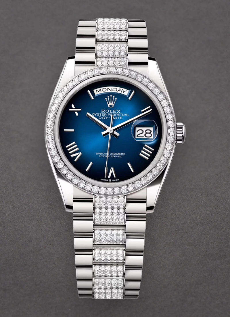 Rolex Unworn Day-Date 36mm in White Gold with Diamond Bezel