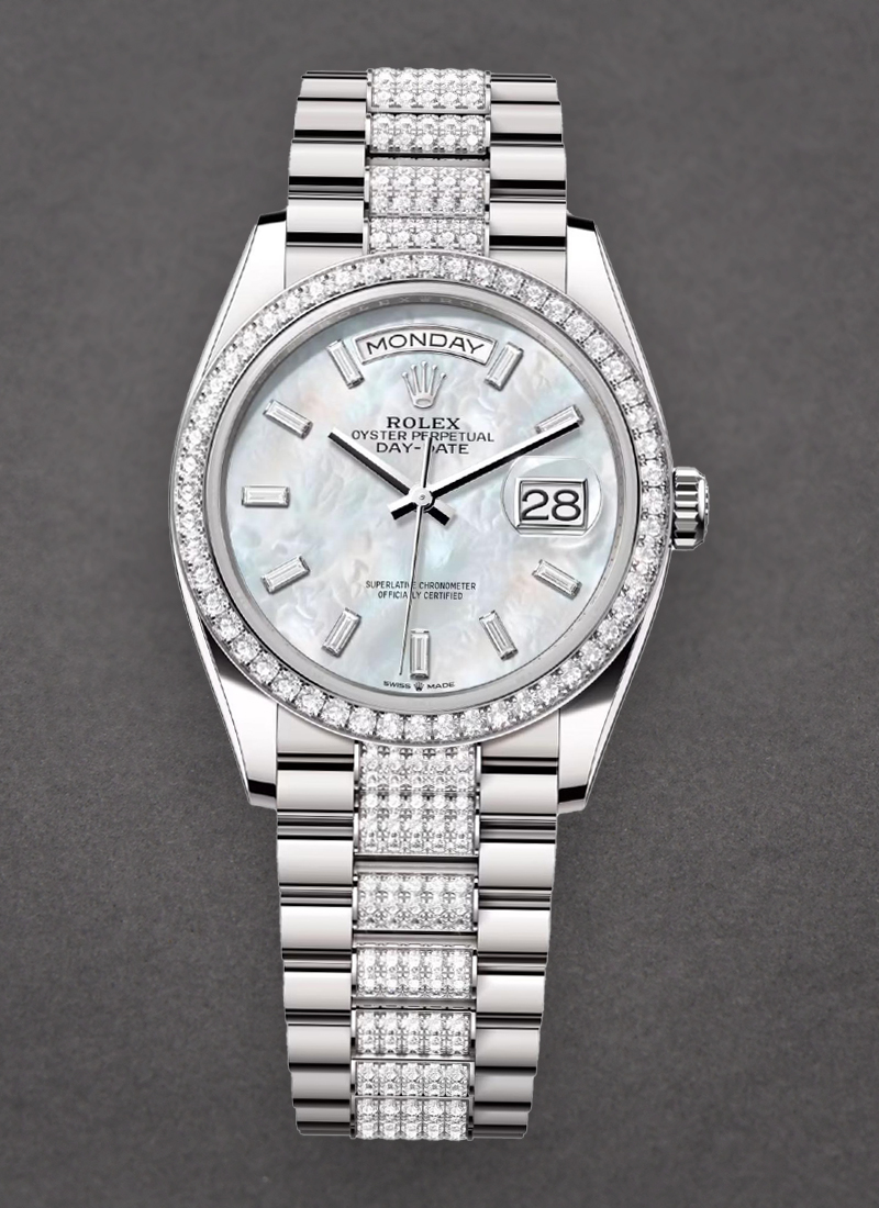 Rolex Unworn Day-Date 36mm in White Gold with Diamond Bezel