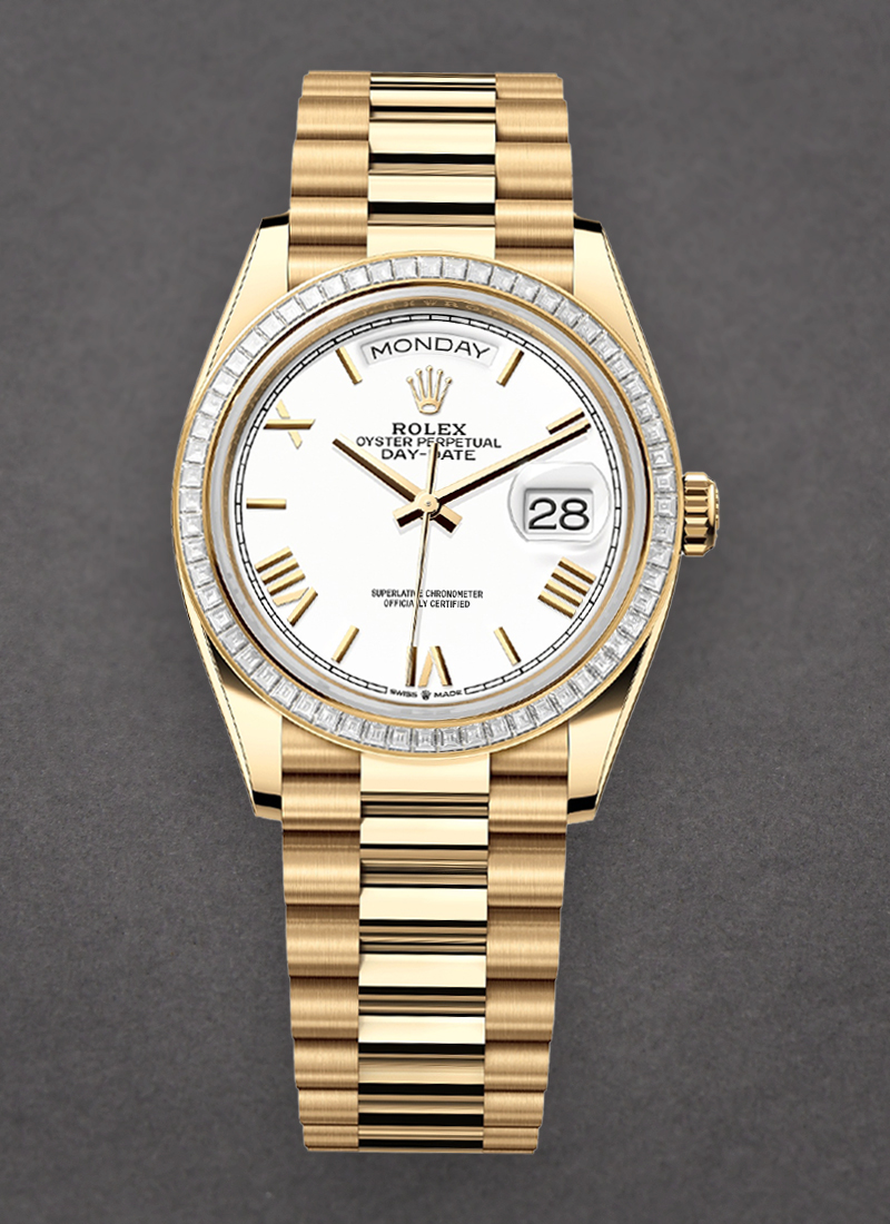 Rolex Unworn Day-Date 36mm in Yellow Gold with Diamond Bezel