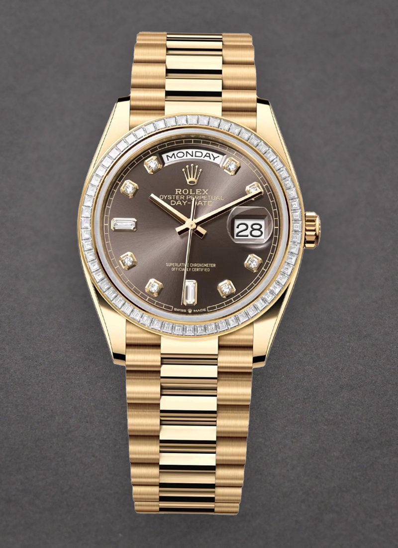 Rolex Unworn Day-Date 36mm in Yellow Gold with Diamond Bezel