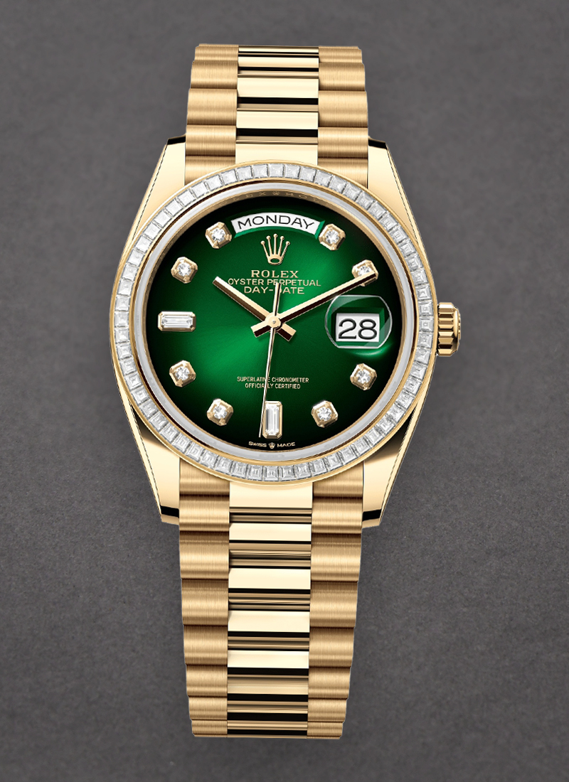 Rolex Unworn Day-Date 36mm in Yellow Gold with Diamond Bezel