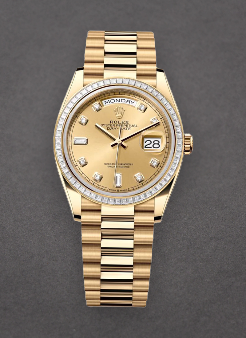 Rolex Unworn Day-Date 36mm in Yellow Gold with Diamond Bezel