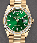 Day-Date 36mm in Yellow Gold with Diamond Bezel on Yellow Gold President Bracelet with Green Baguette Diamond Dial