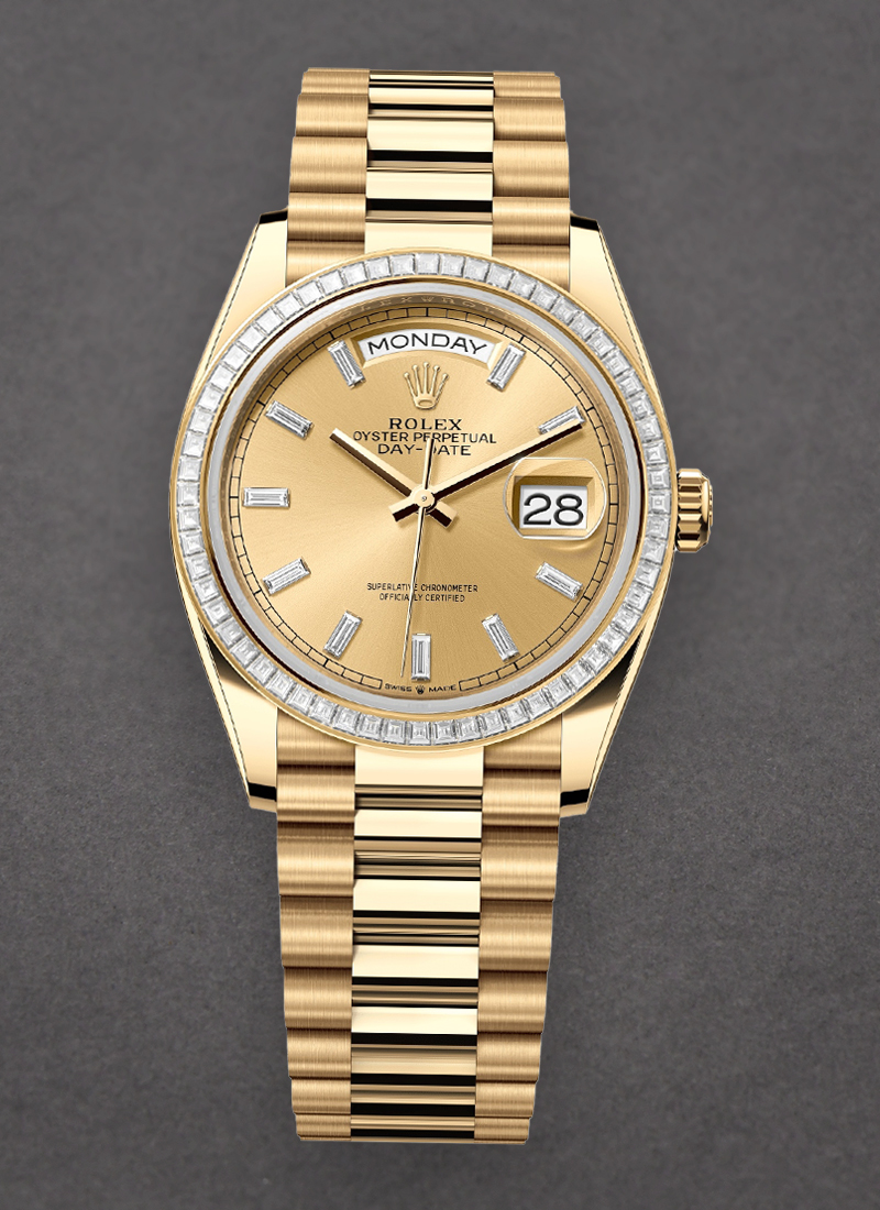 Rolex Unworn Day-Date 36mm in Yellow Gold with Diamond Bezel