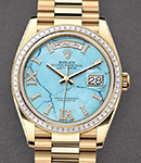 Day-Date 36mm in Yellow Gold with Diamond Bezel on Yellow Gold President Bracelet with Turquoise Roman Diamond Dial
