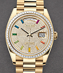 Day-Date 36mm in Yellow Gold with Diamond Bezel on Yellow Gold President Bracelet with Pave Diamond Dial - Rainbow Markers