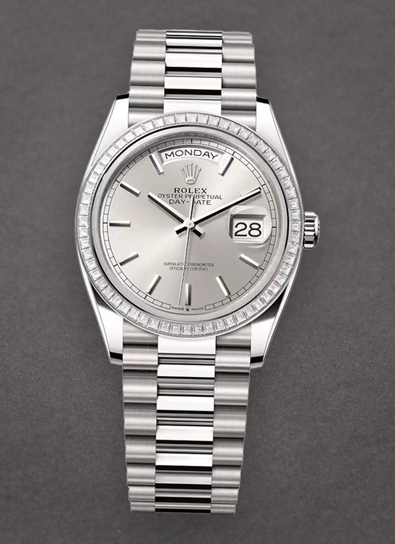 Rolex Unworn Day Date 36mm in White Gold with Diamond Bezel