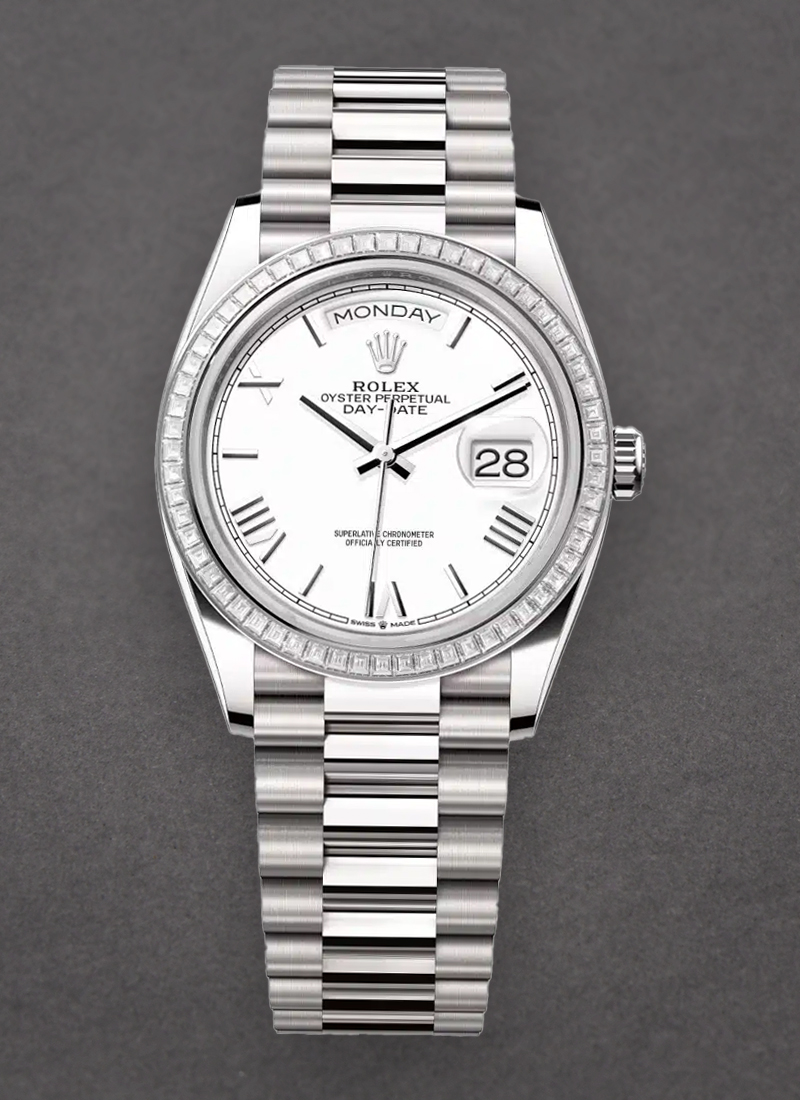 Rolex Unworn Day Date 36mm in White Gold with Diamond Bezel