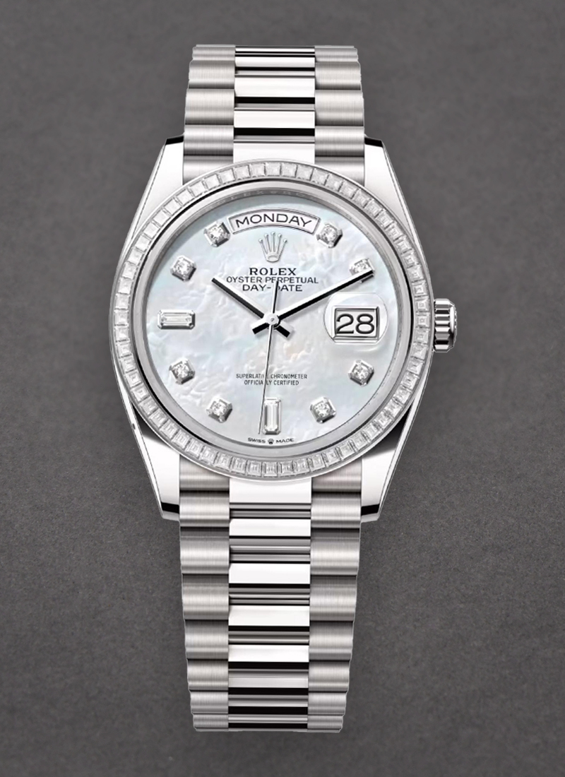 Rolex Unworn Day Date 36mm in White Gold with Diamond Bezel