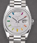 Day Date 36mm in White Gold with Diamond Bezel on White Gold President Bracelet with Pave Diamond Dial - Rainbow Markers