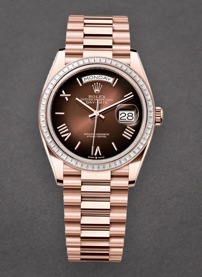 Rolex Unworn President Day Date 36mm in Rose Gold with Diamond Bezel