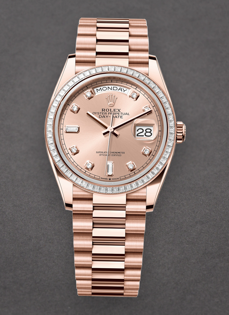 Rolex Unworn President Day Date 36mm in Rose Gold with Diamond Bezel