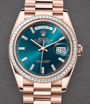 President Day Date 36mm in Rose Gold with Diamond Bezel on President Bracelet with Blue Baguette Diamond Dial