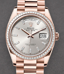 President Day Date 36mm in Rose Gold with Diamond Bezel on President Bracelet with Silver Baguette Diamond Dial