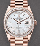 President Day Date 36mm in Rose Gold with Diamond Bezel on President Bracelet with MOP Baguette Diamond Dial