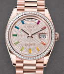 President Day Date 36mm in Rose Gold with Diamond Bezel on President Bracelet with Pave Diamond Dial - Rainbow Markers