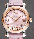 Happy Sport Round 36mm in Steel with Rose Gold Bezel on Pink Alligator Leather Strap with Pink MOP Diamond Dial