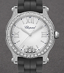 Happy Sport Round 30mm in Steel with Diamond Bezel on Black Rubber Strap with White 3 Floating Roman Diamonds Dial