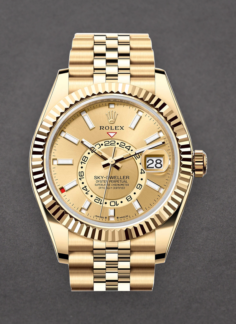 Rolex Unworn Sky Dweller 42mm in Yellow Gold with Fluted Bezel