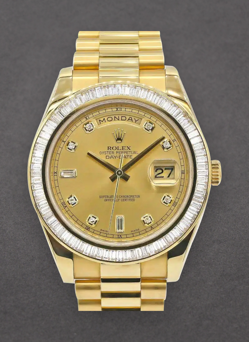 Pre-Owned Rolex Day-Date President in Yellow Gold with Baguette Diamond Bezel