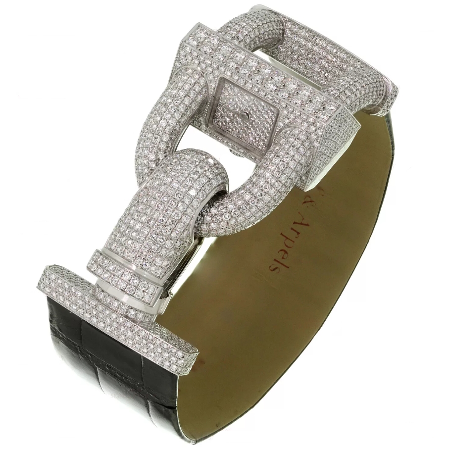 Cadenas Ladies Large in White Gold with Diamond Bezel On Black Crocodile Strap with Silver Dial