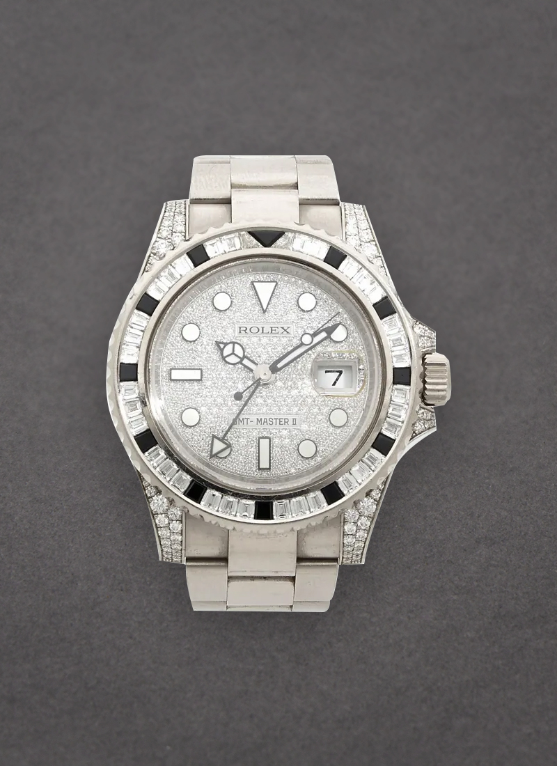 Pre-Owned Rolex GMT Master II in White Gold with Baguette Diamond Bezel and Lugs