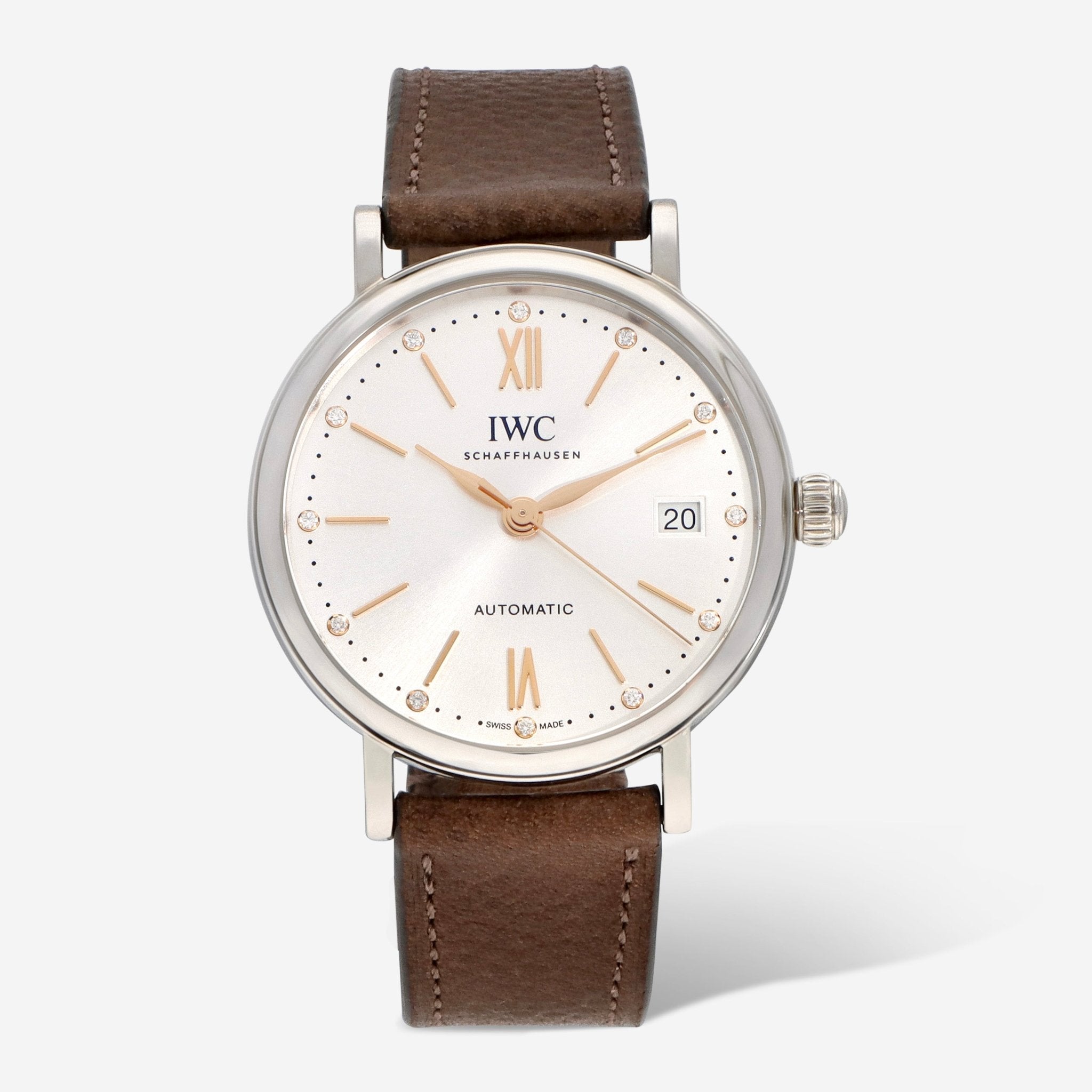 Portofino Automatic 37mm in Steel on Brown Calfskin Leather Strap with Silver Diamond Dial