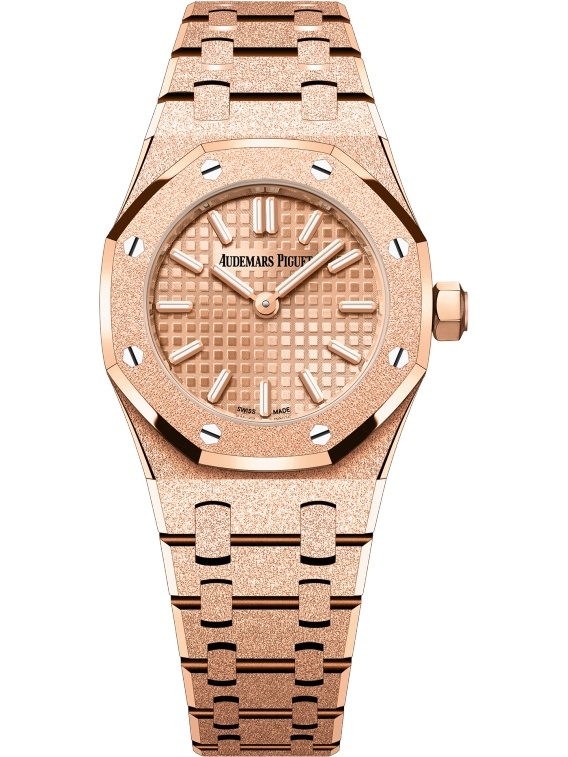 Royal Oak Mini Frosted 23mm Quartz in Frosted Rose Gold on Frosted Rose Gold Bracelet with Pink Gold Dial