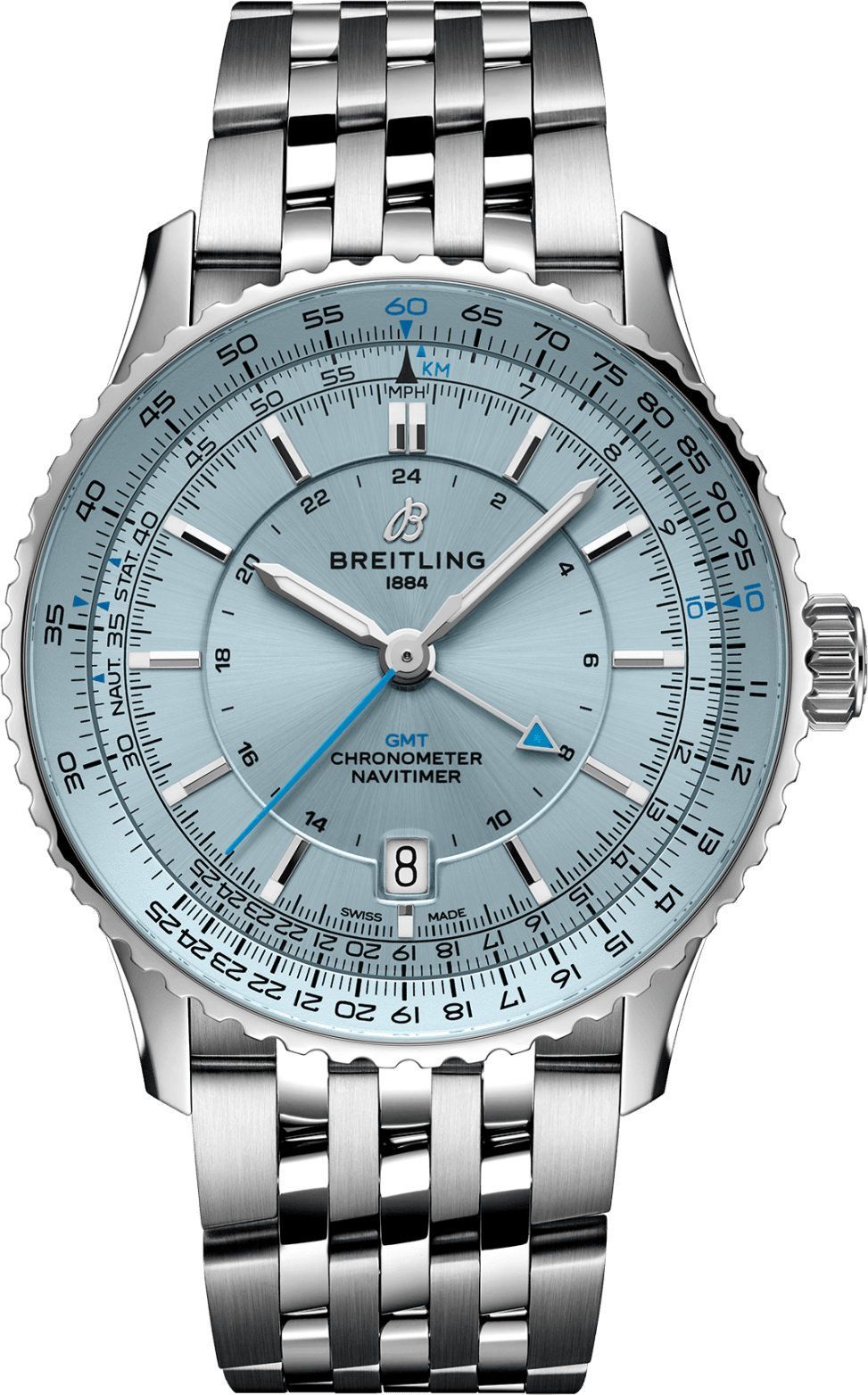 Navitimer Gmt 41 Automatic in Steel on Steel Bracelet with Light Blue Dial