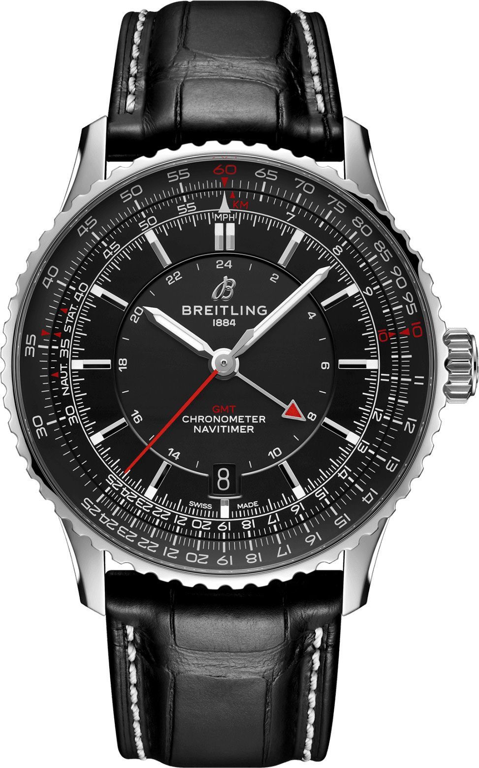Navitimer Gmt 41 Automatic in Steel on Black Crocodile Leather Strap with Black Dial