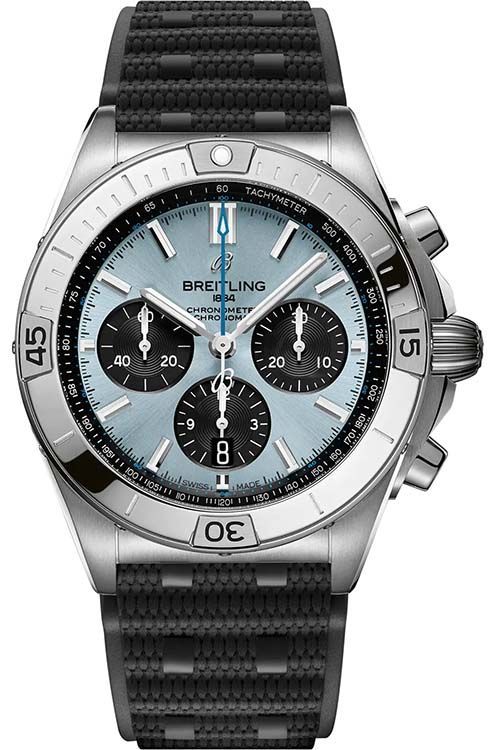 Super Chronomat B01 42mm in Steel with Platinum Bezel on Black Rubber Strap with Light Blue Dial