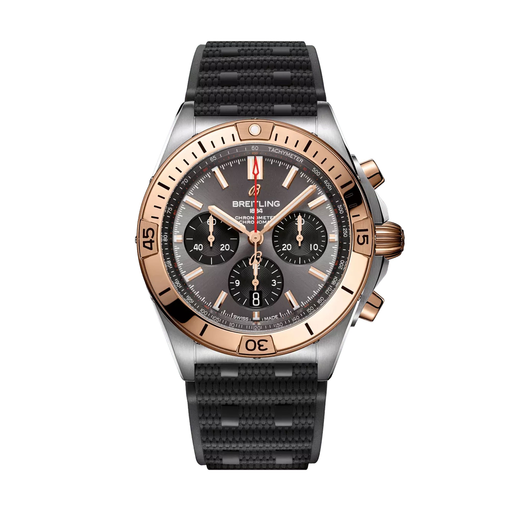Chronomat B01 42mm  in Steel with Rose Gold Bezel on Black Rubber Strap with Grey Dial