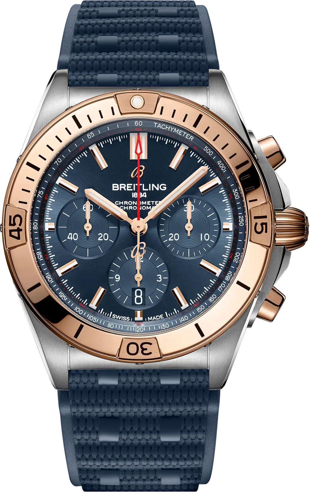 Chronomat B01 42mm  in Steel with Rose Gold Bezel on Blue Rubber Strap with Blue Dial
