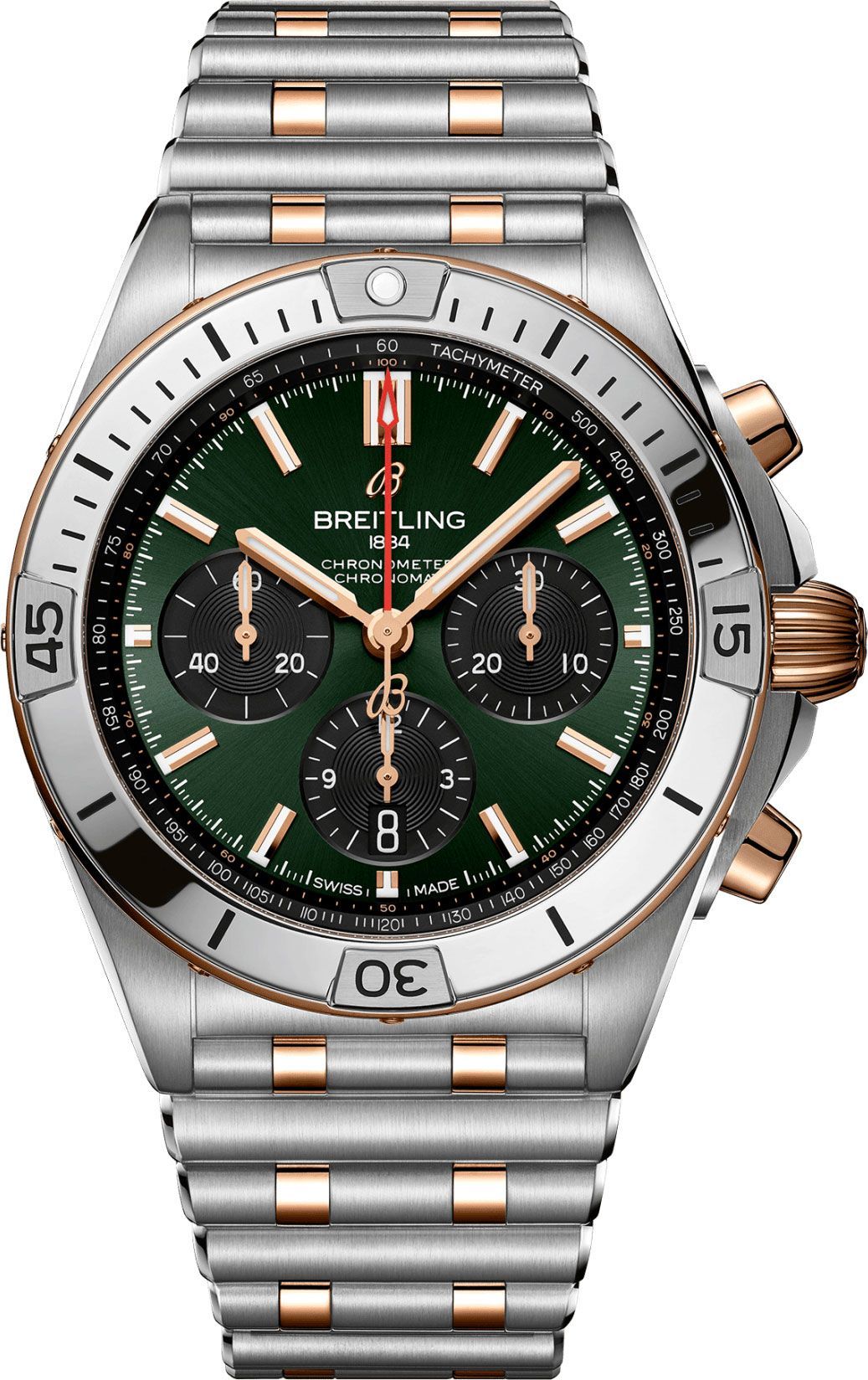 Chronomat B01 42mm in Steel on Steel and Rose Gold Bracelet with Green Dial