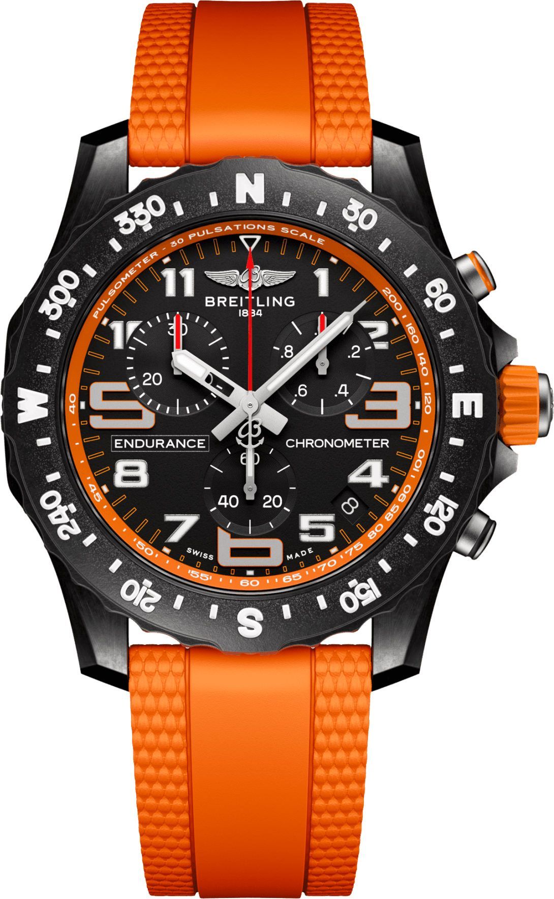 Endurance Pro in Breitlight on Orange Rubber Strap with Black Dial