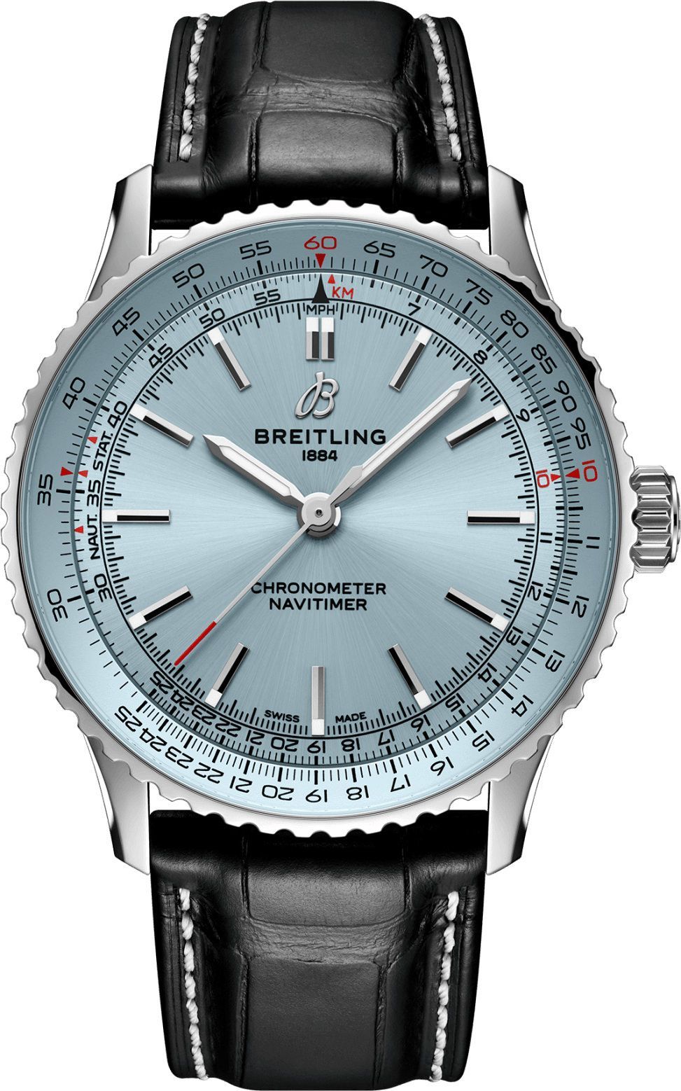 Navitimer 41 Automatic in Steel on Black Crocodile Leather Strap with Light Blue Dial