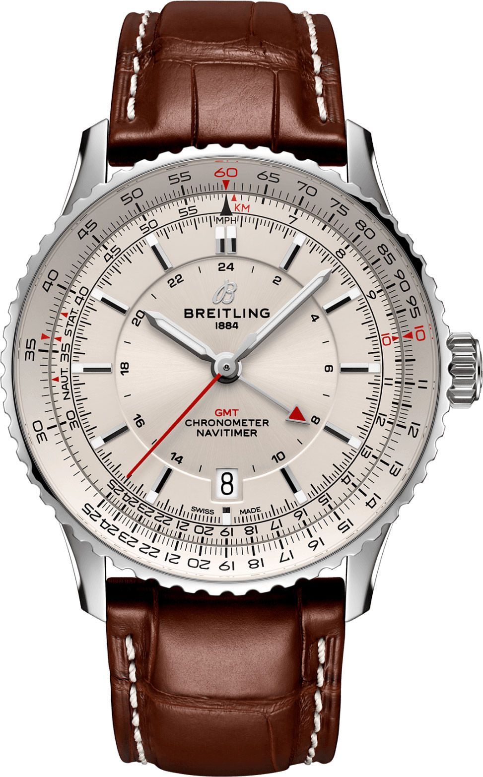 Navitimer GMT 41 Automatic in Steel on Brown Crocodile Leather Strap with Beige Dial