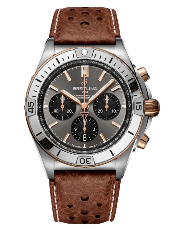 Chronomat B01 42mm in Titanium and Rose Gold on Brown Crocodile Leather Strap with Grey Dial