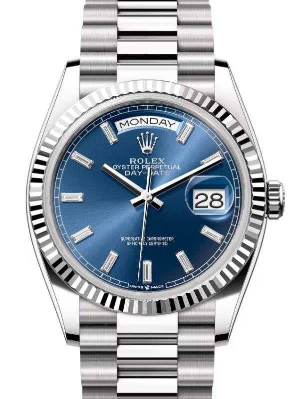 President Day-Date 36mm in White Gold with Fluted Bezel on President Bracelet with Blue Baguette Diamond Dial