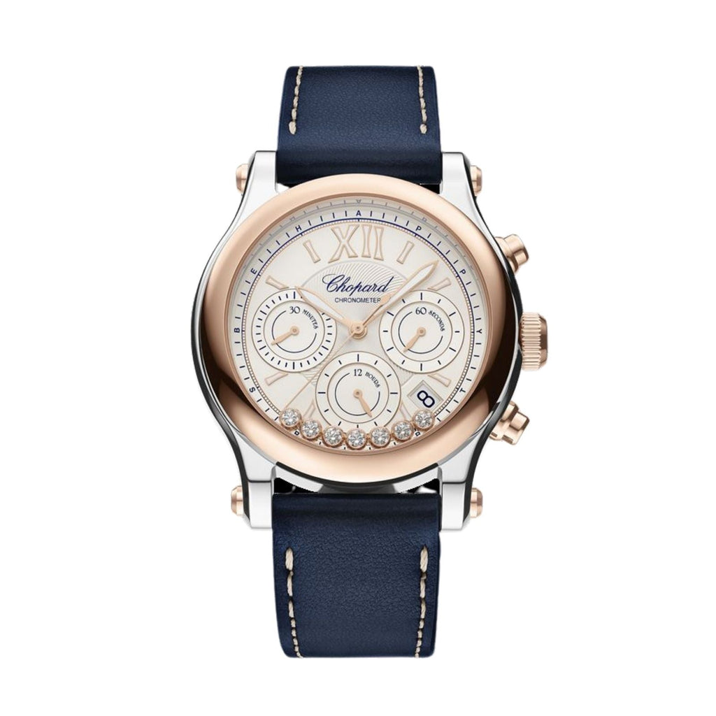 Happy Sport Chrono 40mm Automatic in Steel with Rose Gold Bezel on Blue Calfskin Leather Strap with Silver Dial