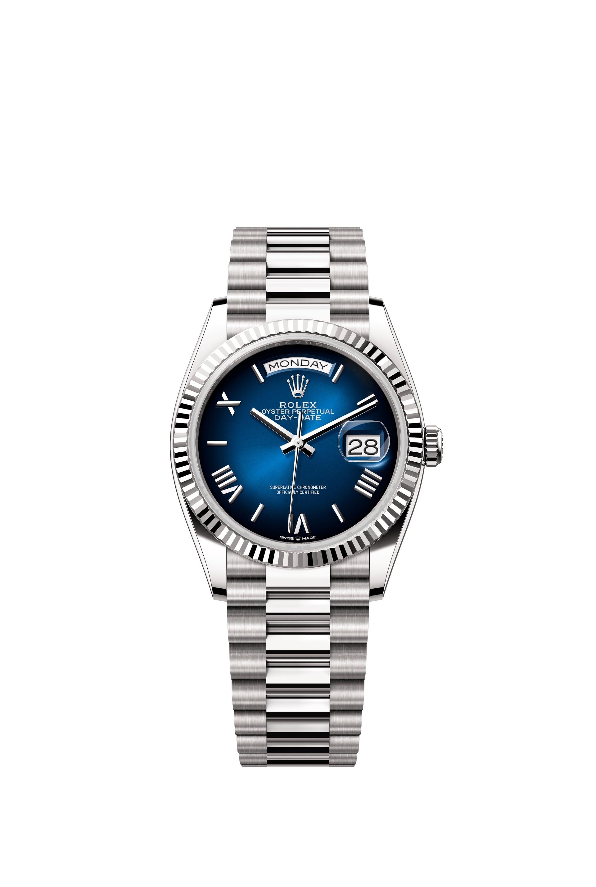 President Day-Date 36mm in White Gold with Fluted Bezel on President Bracelet with Blue Ombre Roman Dial