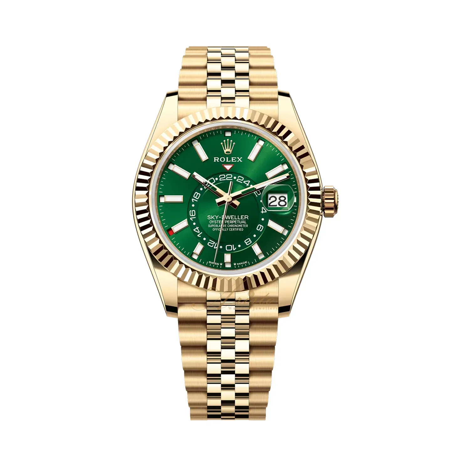 Sky Dweller 42mm in Yellow Gold on Jubilee Bracelet with Green Stick Dial