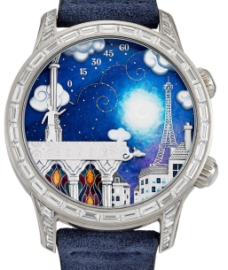 Midnight Poetic Wish 43mm in White Gold with Baguette Diamond Bezel & Lugs on Blue Unsigned Suede Strap Miniature Painting MOP & Enamel Dial