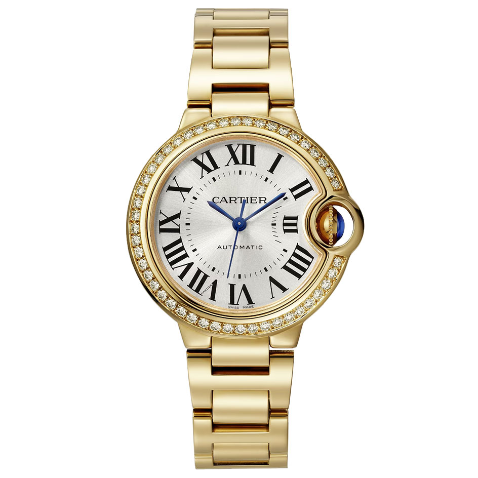 Ballon Bleu 33mm in Yellow Gold with Diamond Bezel on Yellow Gold Bracelet with Silver Dial