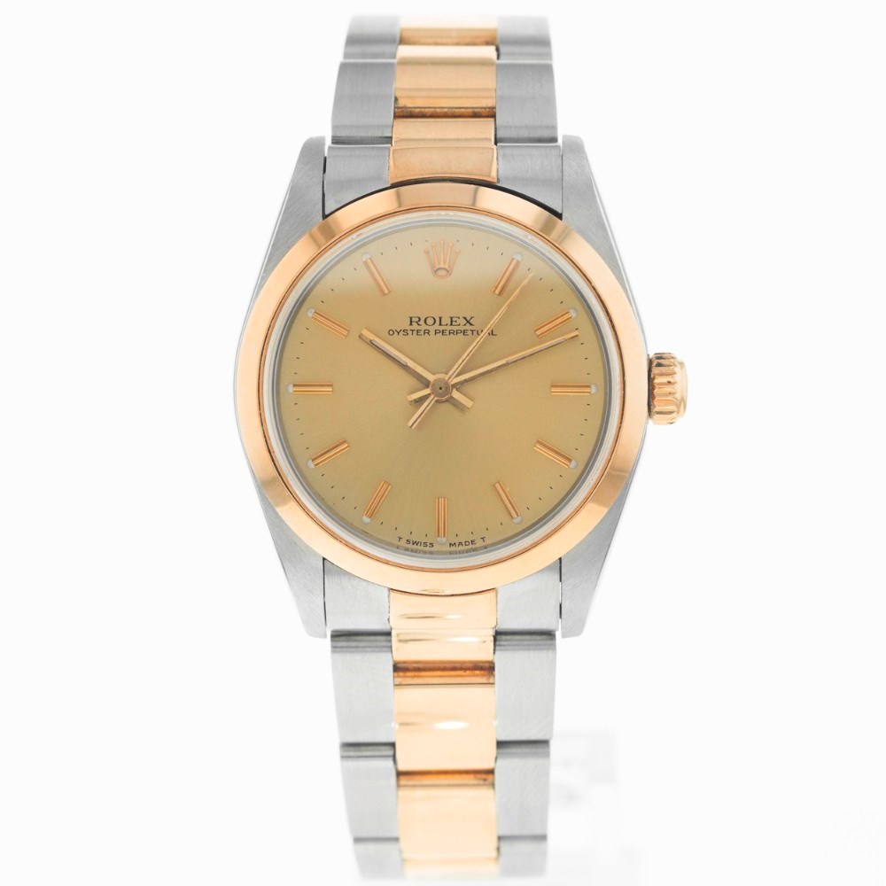 Oyster Perpetual 31mm in Steel wtih Yellow Gold Smooth Bezel on Oyster Bracelet with Champagne Stick Dial