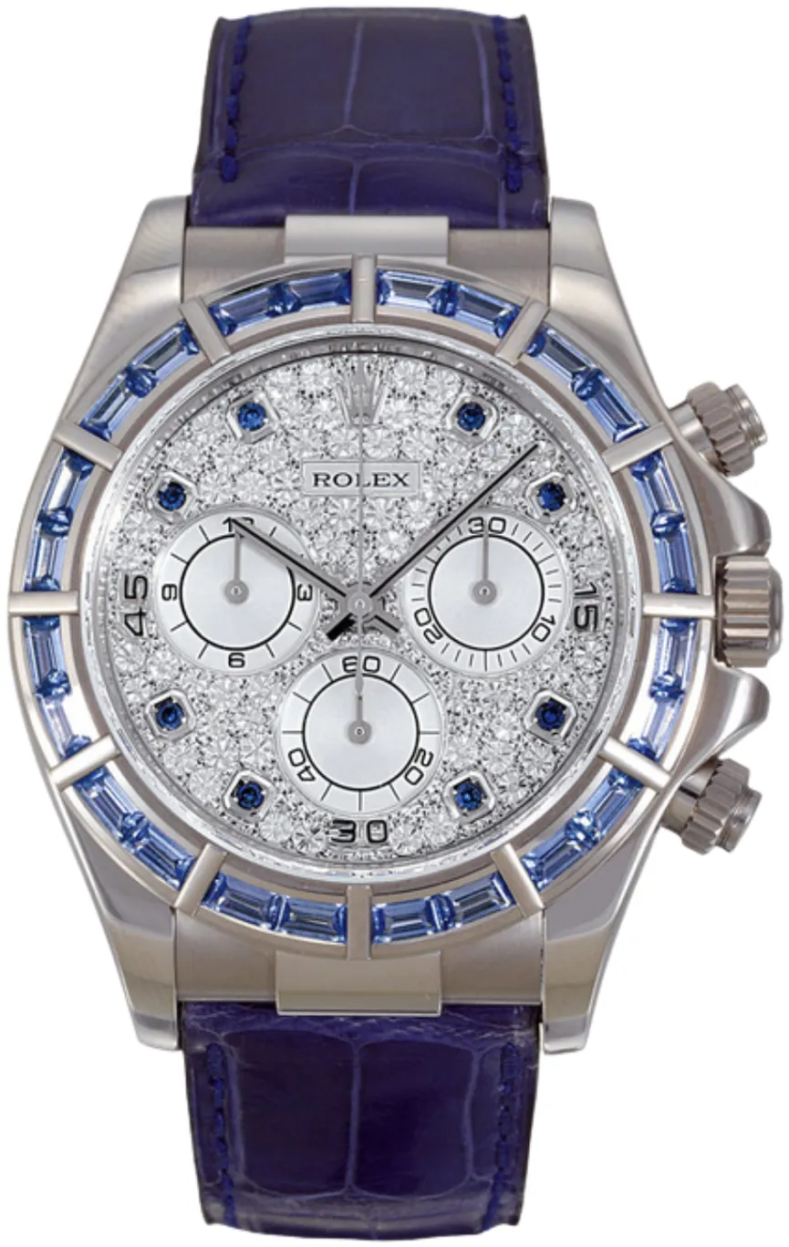 Daytona Special Edition 40mm in White Gold with Baguette Diamond Bezel on Strap with Pave Diamond Dial