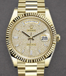 Day Date 40mm in Yellow Gold with Fluted Bezel on President Bracelet with Pave Diamond Dial