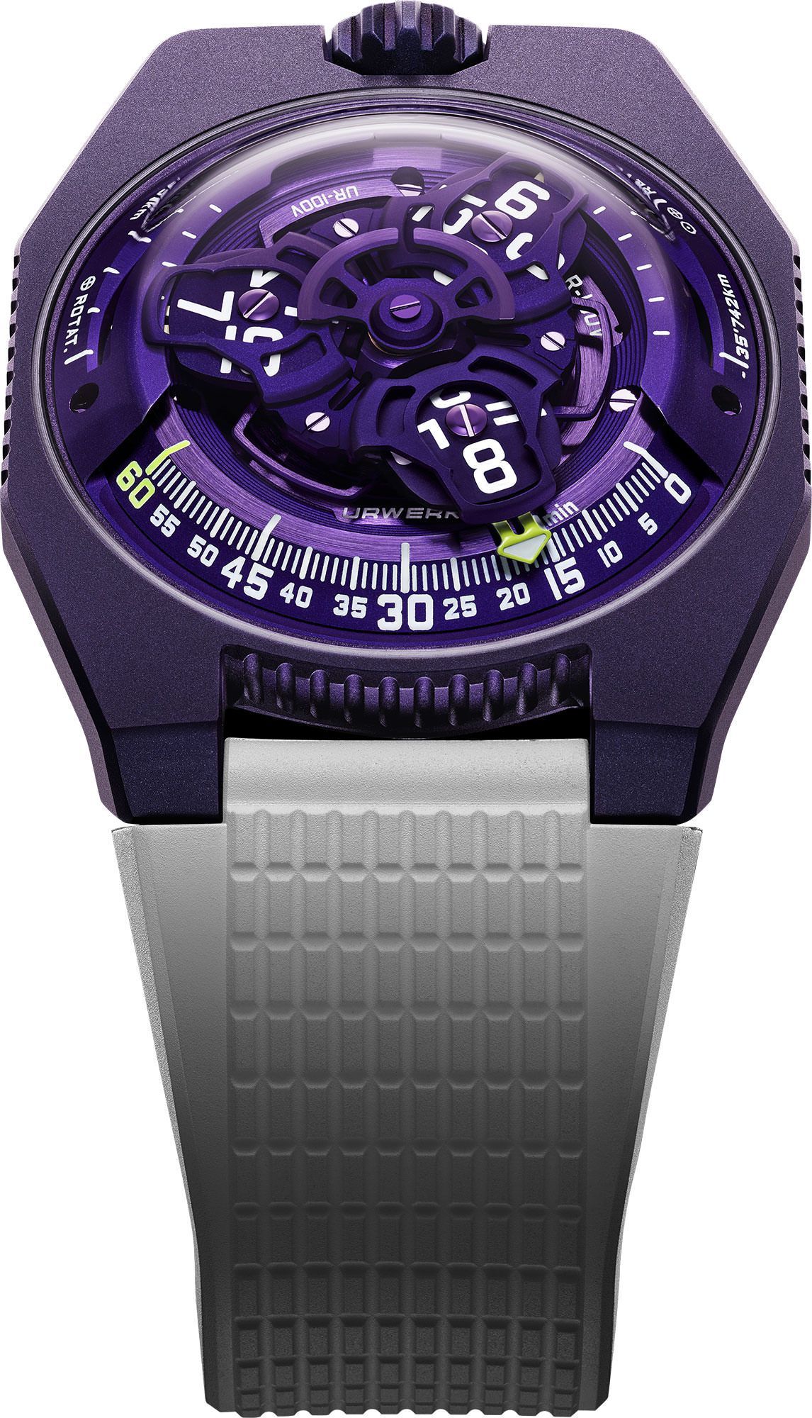 UR-100V 41mm in Titanium Coated With Violet DLC on White Rubber Strap with Openwork Purple Dial