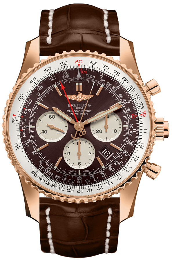 Navitimer 1 B03 Chronograph Rattrapante 45 in Rose Gold on Brown Crocodile Leather Strap with Brown Dial