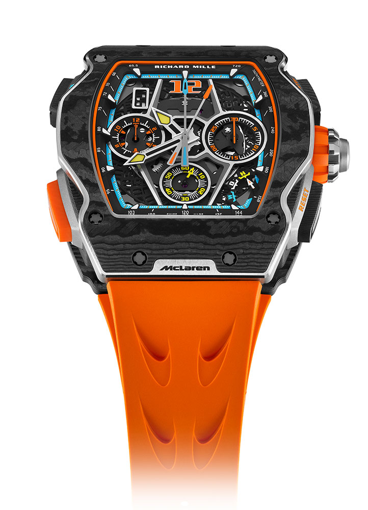RM 65-01 McLaren in Carbon TPT on Orange Rubber Strap with Skeleton Dial